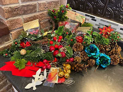 Large Vintage Christmas Crafters Lot- Flocked Floral Picks Pine Cones Birds++ • $40