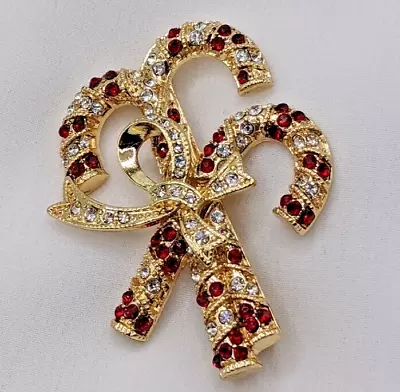 Monet Christmas Brooch Pin Vintage Candy Cane Elegant Sparkle  Enamel Crystal • $14.99