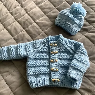 Baby Boys Blue Chunky Hand Knitted Cardigan And Hat Set Age 0-3 Month • £9.99