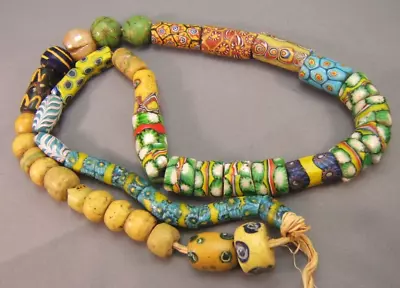 Vintage Venetian African Trade Beads 23.5  Long Multi  Greens Blues Yellows • $149