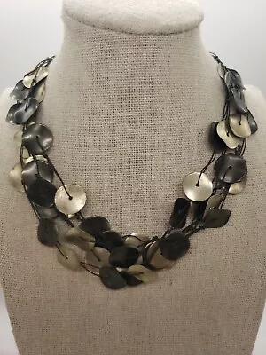 Vintage NY Multi Strand Black & Silver Disks Necklace Silvertone Clasp 16  N-52 • $3