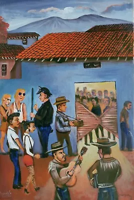 Mexican Cantina In Pueblo Town Village Oil On Canvas By Palomares Pm138 • $195