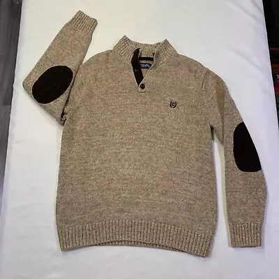 Chaps Mens Beige Quarter Button 100% Cotton Knit Sweater With Elbow Patches LG • $34.95