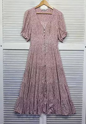 Just Jeans Dress Womens 12 Pink Maxi Long Full Button Up Tiered • $24.95