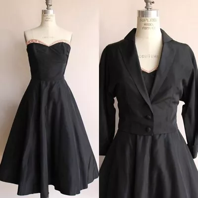 Vintage 1950s Black Dress With Jacket / New Look Fit And Flare Dress Strapless • $259