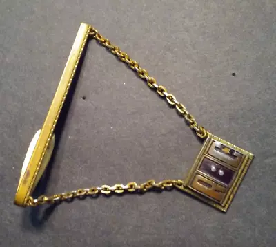Vintage HICKOK Gold-Tone Tie Bar Clip Clasp W/ Hanging Chain Sign Initials  R C  • $10