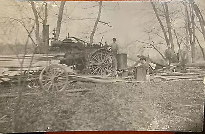 Vintage Real Photo Postcard Men Large Steam Tractor Maybe Cutting Lumber • $5