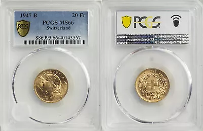 Switzerland  Gold 20 Francs 1947 B - Pcgs Ms 66   Rare • $699.99