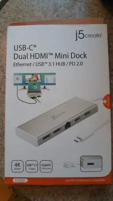 USB-C Dual HDMI Mini Dock Ethernet USB 3.1 Hub /PD 2.0 J5Create Gigabit Ethernet • $60