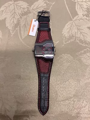 Men's Sports Military Dual Time Zones Dial Black/Red Leather Quartz Wrist Watch • $15