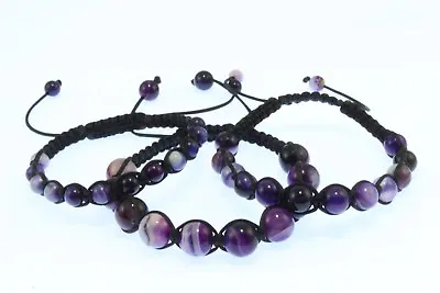 £15 • Buy Shamballa Bracelet, Set Of 3, Gemstone Purple Stripe Agate 10mm/8mm/6mm Beads