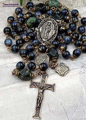 St Jude Raphael Lourdes Blue Tiger Eye Vintage Bronze Rosary • $159