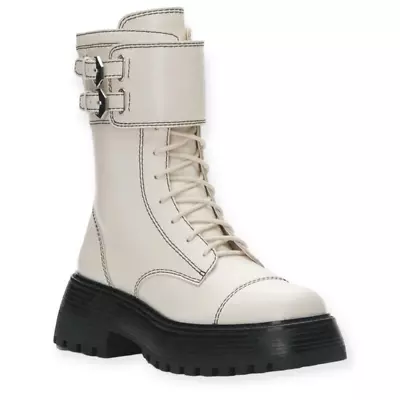 VINCE CAMUTO Monchia Buckle Combat Boot In Coconut Cream Leather Size 8.5 NEW • $60