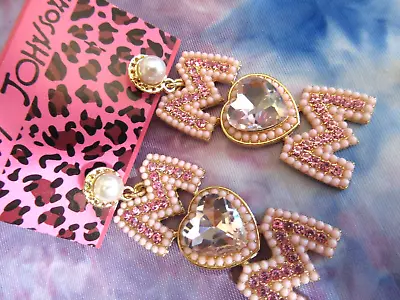 Betsey Johnson Beautiful PINK Mother's Day  HEART Rhinestone Earrings NWT • $21.11