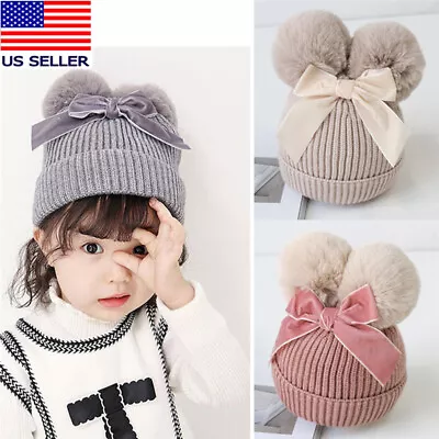 Baby Girls Double Pompom Beanie Cap Winter Knitted Thick Hat Kids Gift • $9.49