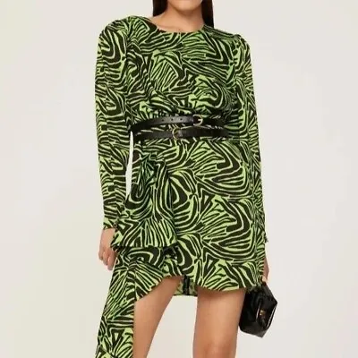 Rent The Runway Size 4 Low Cut Ronny Kobo Zebra Print Green Dress Ruffle Animal • $156.22