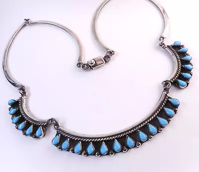 Vtg Southwest Style Sterling Silver Turquoise Teardrop Inlay 925 Necklace MEXICO • £24.91