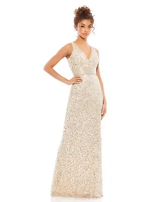 MAC DUGGAL Sz 2 4930L Nude Gold Sequin Beaded Waist V-Neck Plunge Train Gown NWT • £144.77