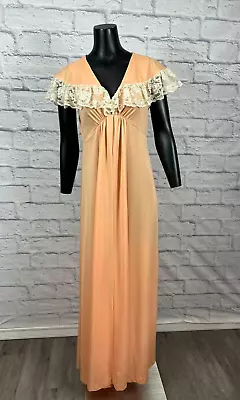 JC Penney Fashions V-Neck Peach Lace Edge Ruched Women's Dress Sz 18 Vintage 70s • $44.99