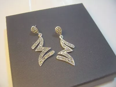 Stunning Solid Silver Ornate Earings-vintage Superb Marcasite Drops- Cleaned • £34