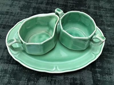 Mt. Clemens Green 1930s Pedalware Sugar Bowl & Creamer With Nesting Platter • $24