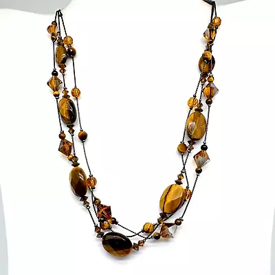Dabby Reid Necklace Brown Cat's Eye Crystal Triple Strand Beaded Collar Signed • $24.99