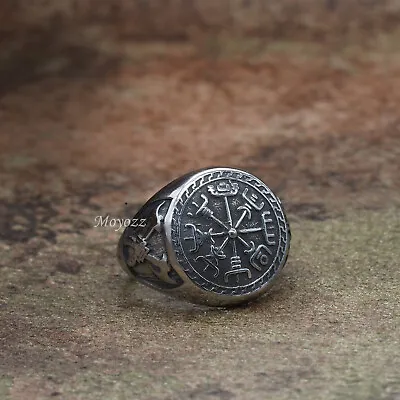 Mens Norse Viking Axe Compass Vegvisir Ring Men Stainless Steel Size 7-16 Gift • $7.99