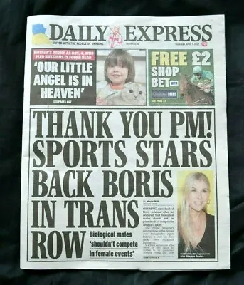 Daily Express UK Newspaper 07/04/22 April 7th 2022 Transgender Sports Debate • £5