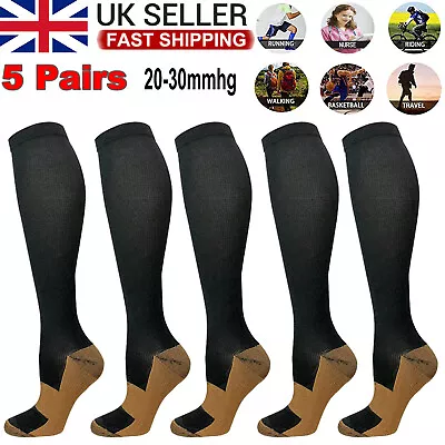 5 Pairs Copper Compression Socks 20-30mmHg Graduated Support Mens Womens S/M-XXL • £3.80