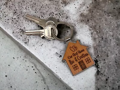 Our First Home | Engraved House Shape Keyring | Metal Key Chain | Wood Keyring • £5.99