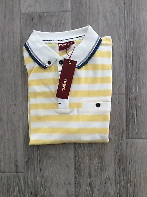 Mens Merc London Stripe Soft Cotton Button Down Polo Shirt In Yellow Size S • £20