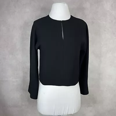 J. Crew Black Cropped Long-Sleeve Key Hole 365 Crepe Blouse Size 0 • $15