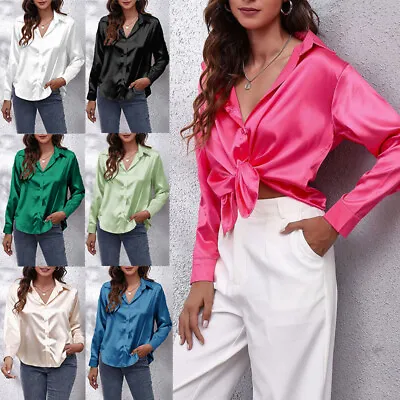 $11.62 • Buy Women's Satin Silk Button-Up Dress Shirt Ladies V Neck Lapel Blouse Long Sleeve
