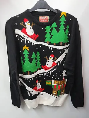Mens Womens Xmas Jumper Size Medium Christmas Snowman Pullover Black • £14