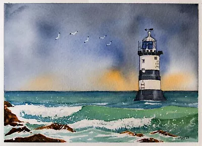 An Original Watercolour Painting Of Trwyn Du Lighthouse  Anglesey Wales. • £10