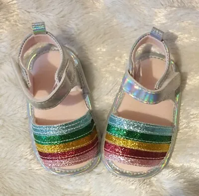 Matalan 6-9 Months Baby Girls Silver Multicoloured Glitter Crib Summer Sandals • £6