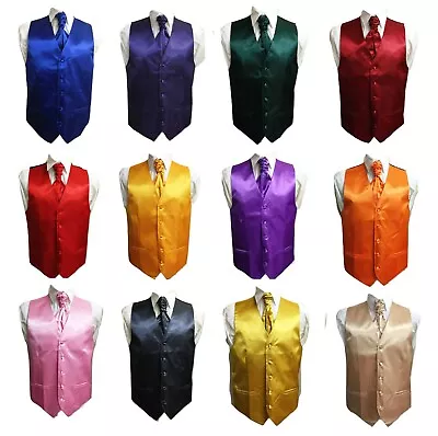 Men's Satin Waistcoat Vest + Matching Cravat 2 Pcs Set For Suit Wedding • $21.12