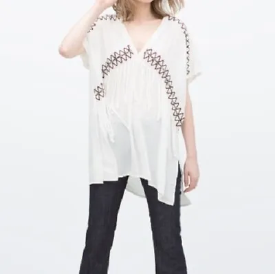 Zara Tunic Top White Ethnic Tribal Embroidery Fringe Trim Womens Blouse Size S • $42.49