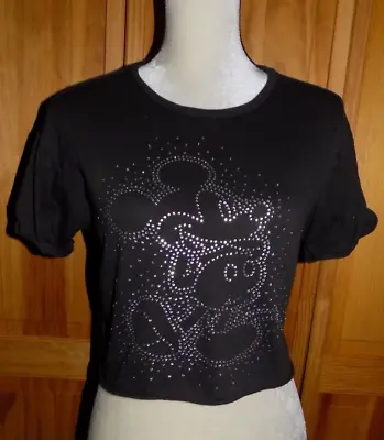 Disney Rhinestone Mickey Mouse Womens L Large Black Crop T Shirt • $9.99