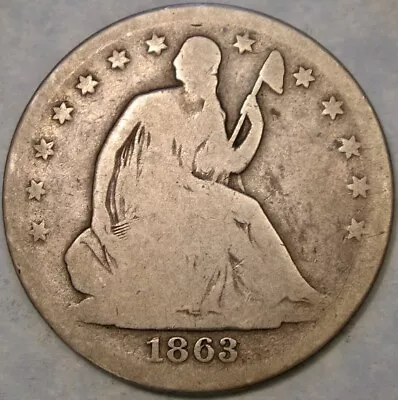 1863 S Liberty Seated Silver Half Dollar Scarce No Motto Circulated Well Worn • $30