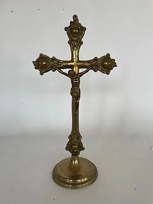 Antique Art Nouveau Brass Jesus Christ Table Cross Crucifix Memento Mori #902 • $150