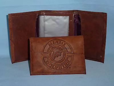 MIAMI DOLPHINS  Leather TriFold WALLET   New In Package   Brown 1   Vintage Logo • $8.25