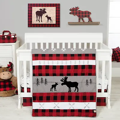 NEW Woodsy Mama Baby Moose Woods RED GRAY 3Piece Crib Bedding Set • $79.99