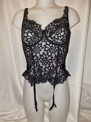 Gorgeous Black Floral Underwired Boned Corset Basque Top Suspenders Size 36C (TV • £9.99