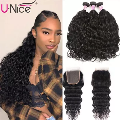 Mongolian Water Wave Human Hair Extensions 3 Bundles With Lace Closure Weaves 9A • $176.22