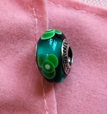 Authentic Pandora Green Flowers For You Charm Murano Glass 790649 Excellent Cond • $26.99