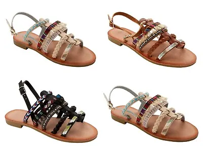 £7.99 • Buy Womens Strappy Beaded Summer Sandals Holiday Beach Casual Flat Shoes Ladies Size