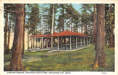 Mackinaw City Michigan~State Park Camping Ground~Picnic Pavilion~1933 Postcard • $5