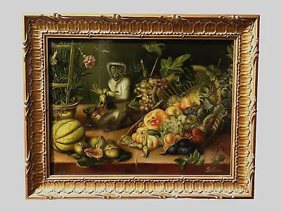  MONKEY WITH FRUIT  Original Oil Painting By Listed Artist S.H. LEE • $1200