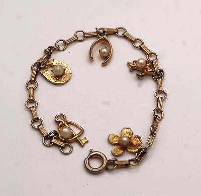 Vintage Lucky Charm Pearl Bracelet Includes Fleur De Lis Heart Horseshoe Clover • $24.95